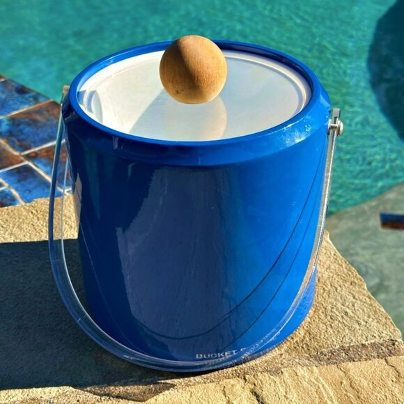 Vintage MCM Morgan Bucket Brigade Ice Bucket Royal Blue Wooden Knob Man Cave Bar - Picture 2 of 9
